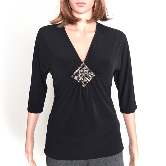 ❌SOLD❌SZ 6•SPENSE•BLACK V-NECK TOP W EMBELLISHMENTS • - Picture 2 of 2